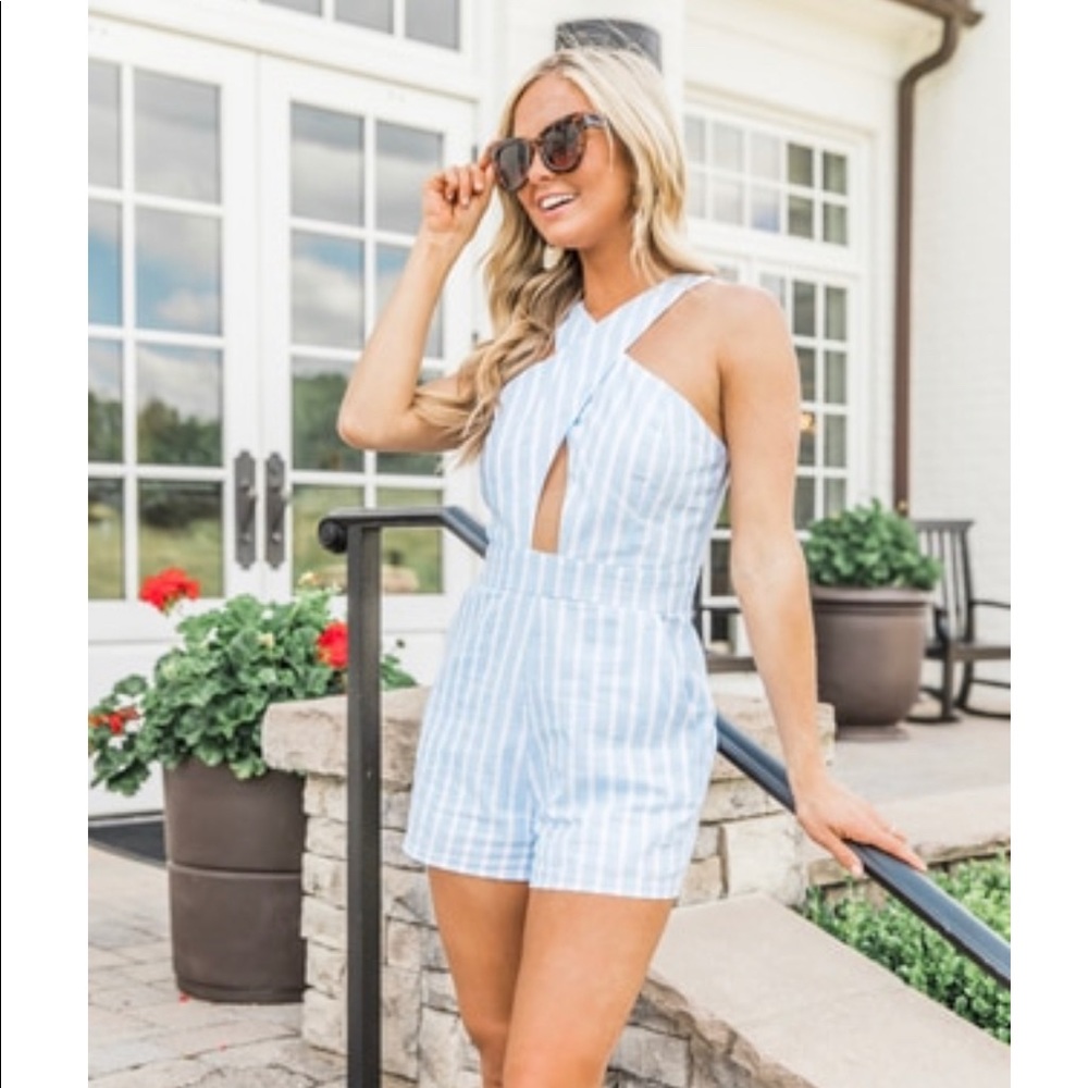 Pink Lily Sunny Day Dreams Striped Romper - Blue